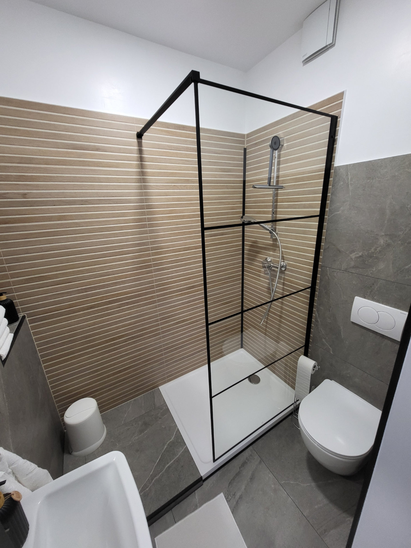 Modern monochrome small bathroom with a walk-in shower